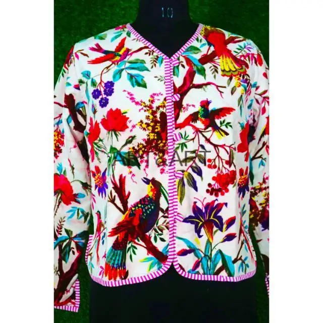 Wholesale Indian Cotton Velvet Jacket Handmade Bohemian Kimono Style Winter Coat Bird Printed Overcoat Free Edge Women