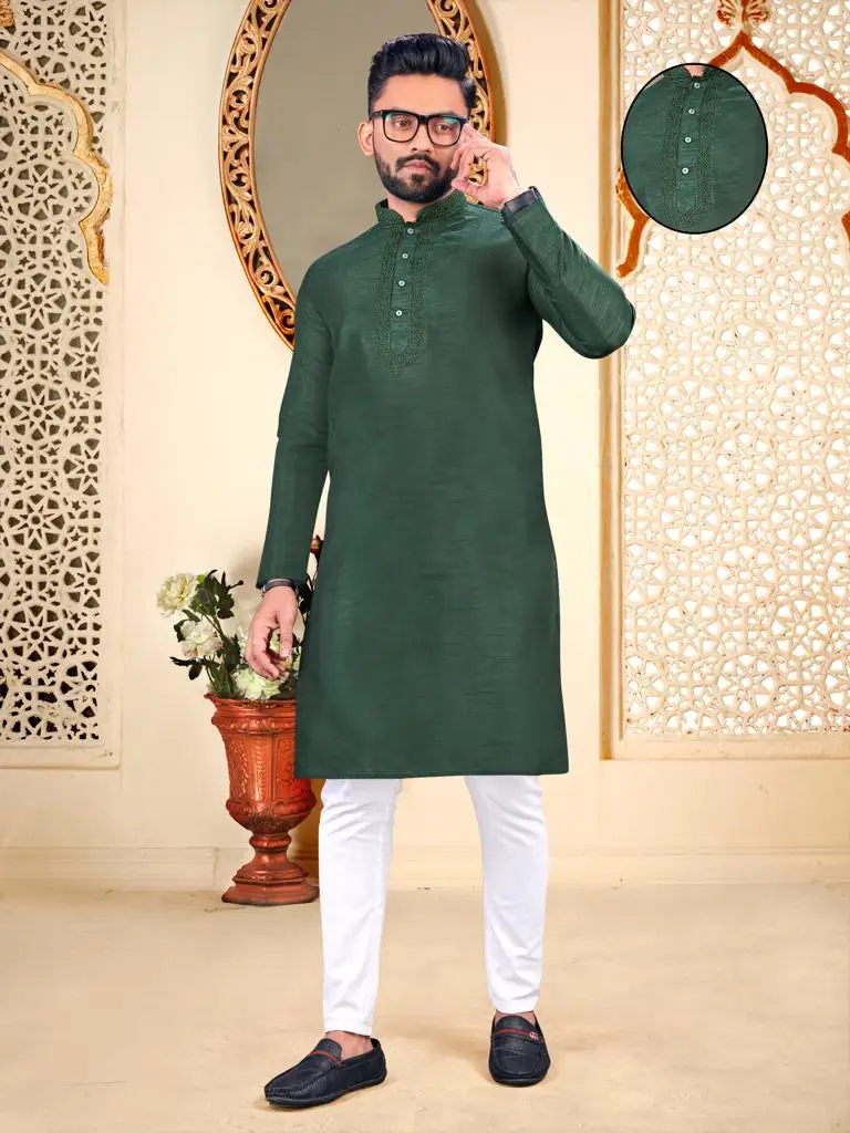 Designer Latest Kurta Round Neck Collar Embroidery work Mens Kurta Pajama Set Wholesale Cheap Rate Surat