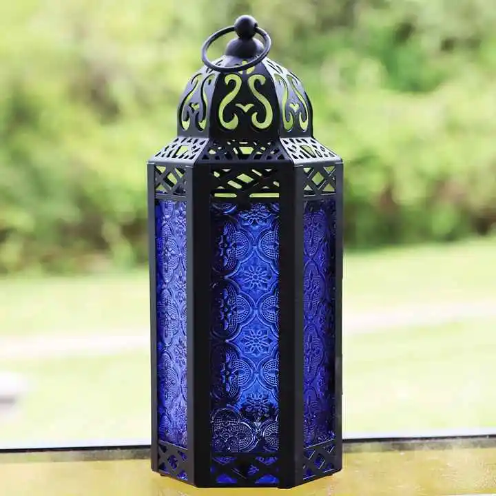 Moroccan Style Lantern Gold Purple Glass Decorative Candle Lantern Moroccan Lanterns Vintage Golden Metal Holder 2023 Handmade
