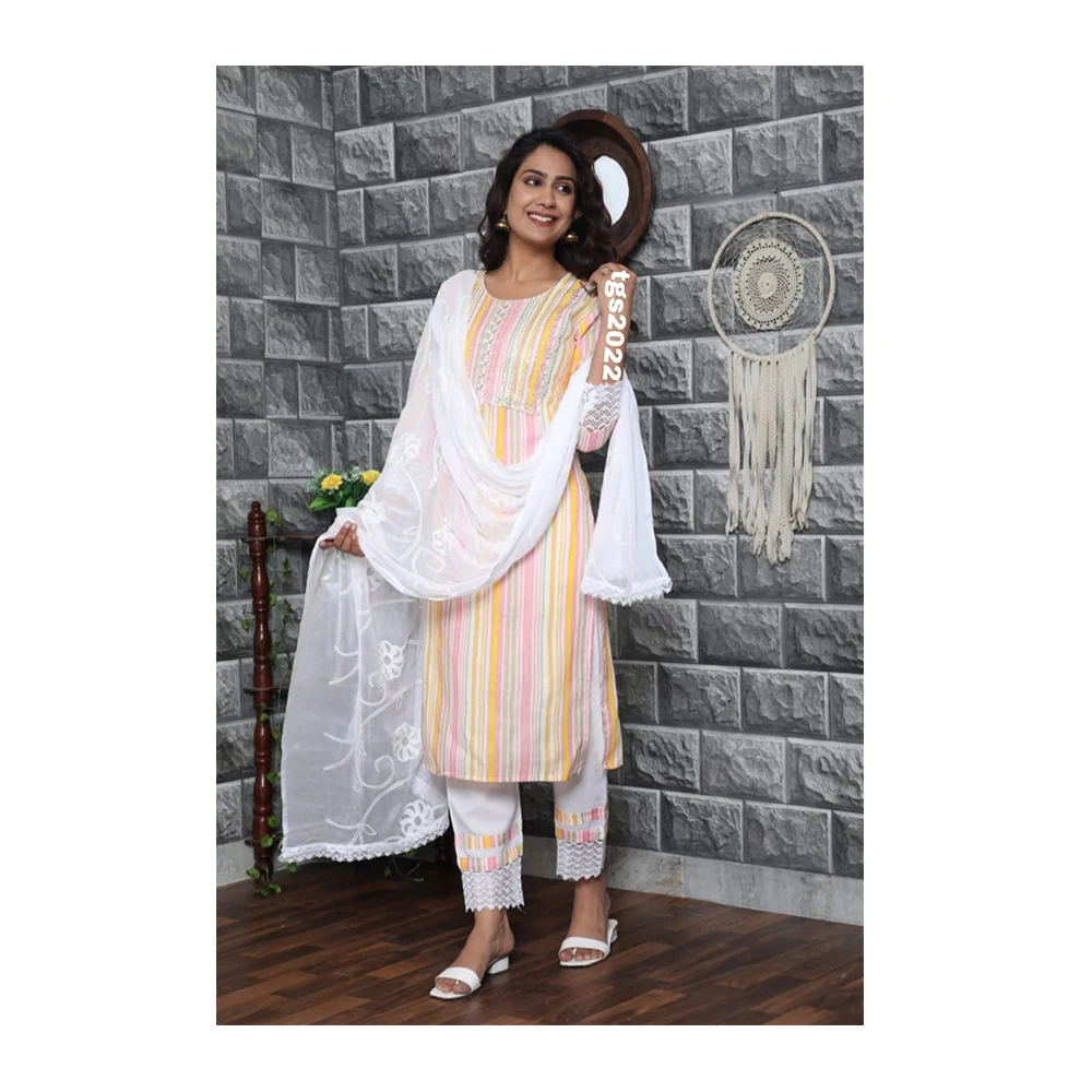 Most Beautiful And Fashionable Cotton Kurti Pant And Dupatta Set From India Bollywood Style Trendy Women Cotton Summer Boho