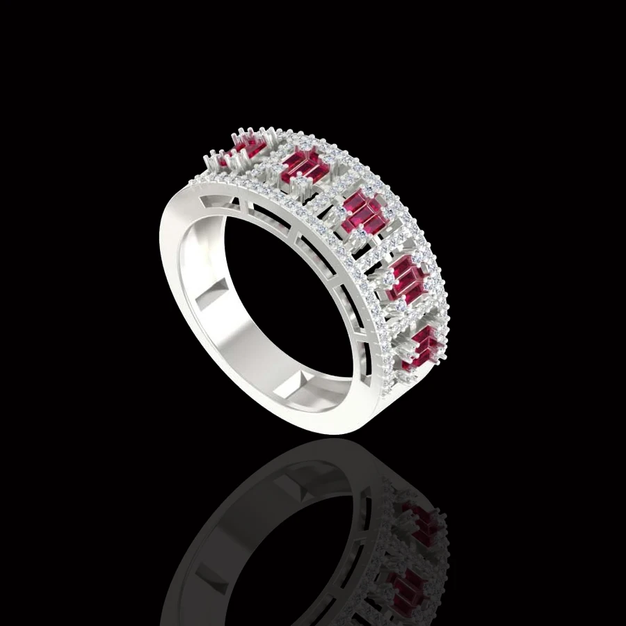 This baguette diamond Ruby Diamond Band is stunning. The 14 karat white gold ruby ring features .15 pcs Ruby  of 94 Pcs Natural