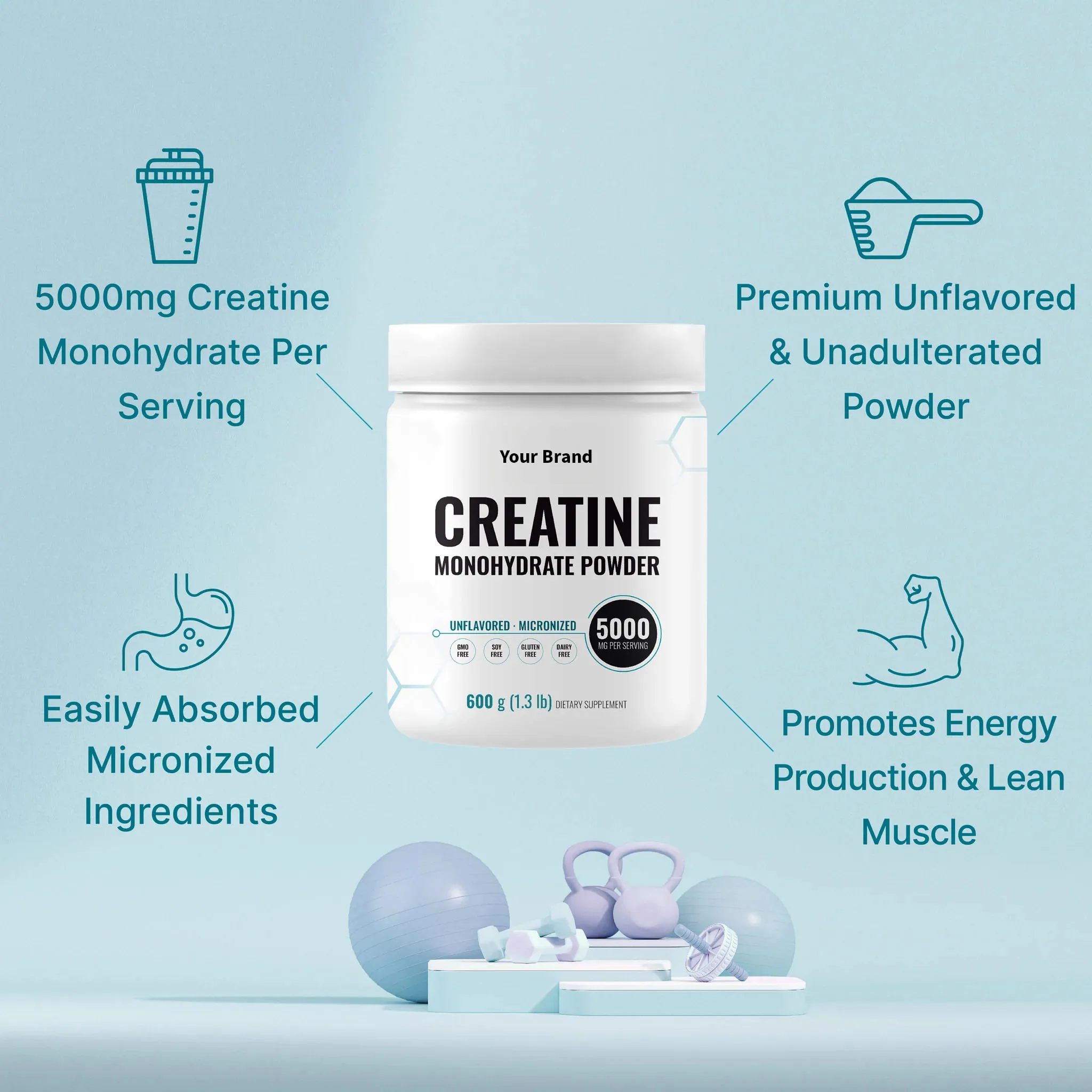 Private Label Creatine Monohydrate Powder Instant Drink Improved Strength Increased Lean Muscle Mass Enhanced Muscle Recovery