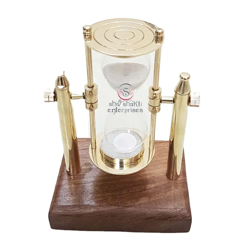 Nautical Desktop Decor Brass Hanging Wooden Base Sandtimer Metal Made Marine Collectible Home Decor Hourglass Antique Gift