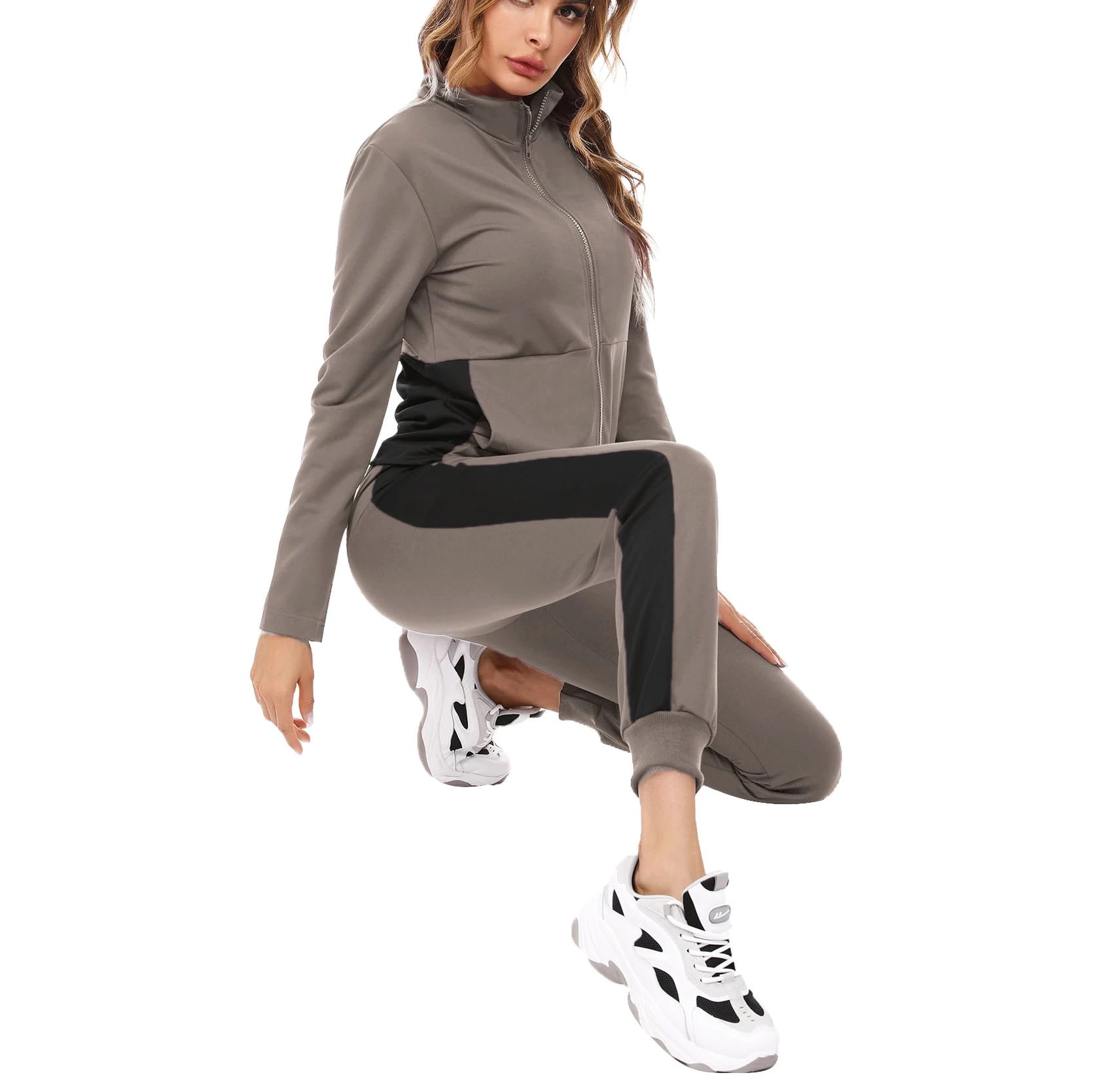 New Design Two Piece Outfits Skinny Sweatsuit Drawing Contrast Zip Up Hoodie And Sweatpants Set Jogging Tracksuits For Women
