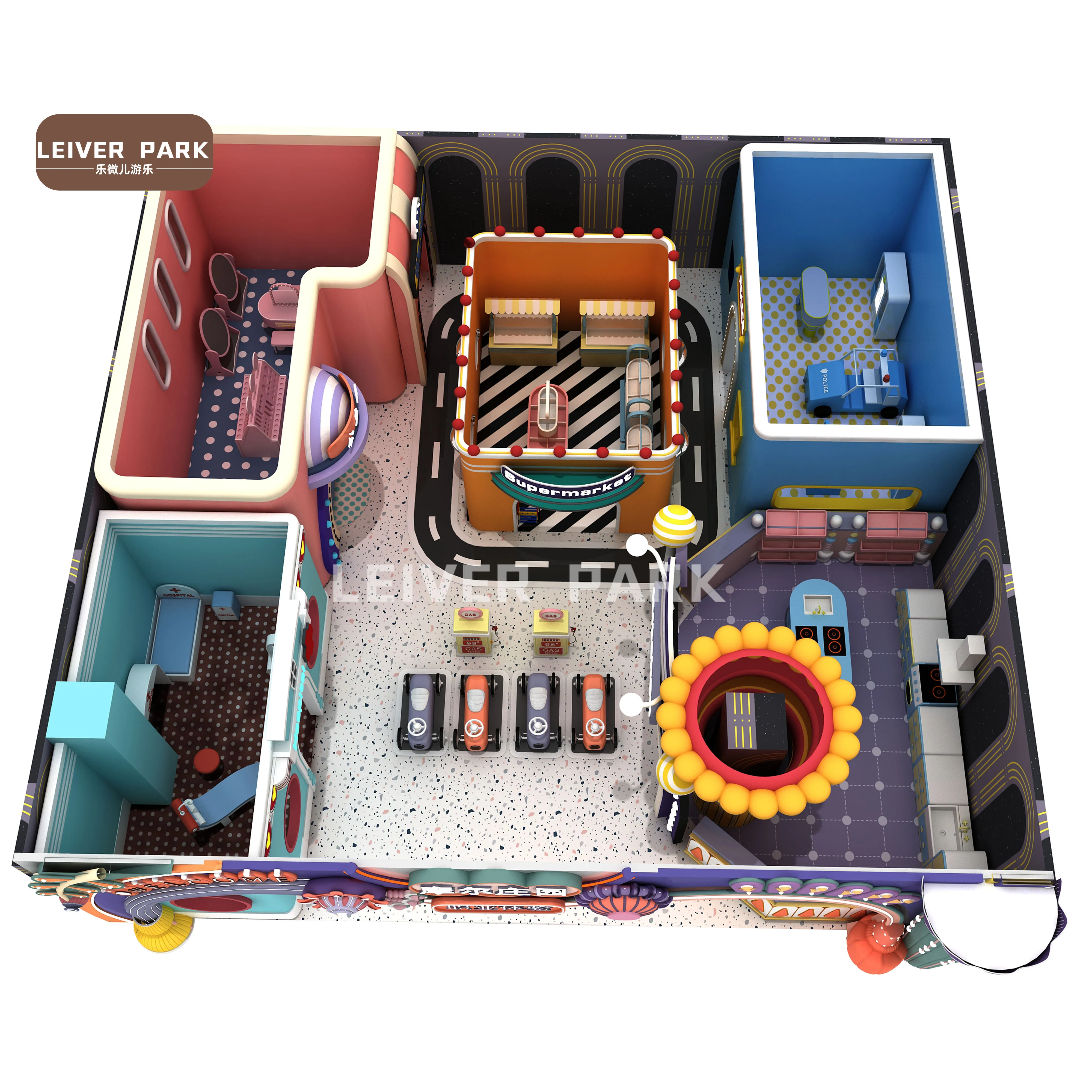Kids Role Play House Supermarket Kitchen Police Doctor Station Kids Game Room Set Kids Pretend Playground