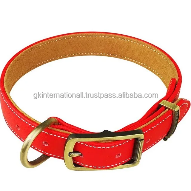 Strong and Durable Vibrant Color Heavy Duty Leather Dog Collar Full Padded and Stitching with Brass Finish H Buckle and D Rings