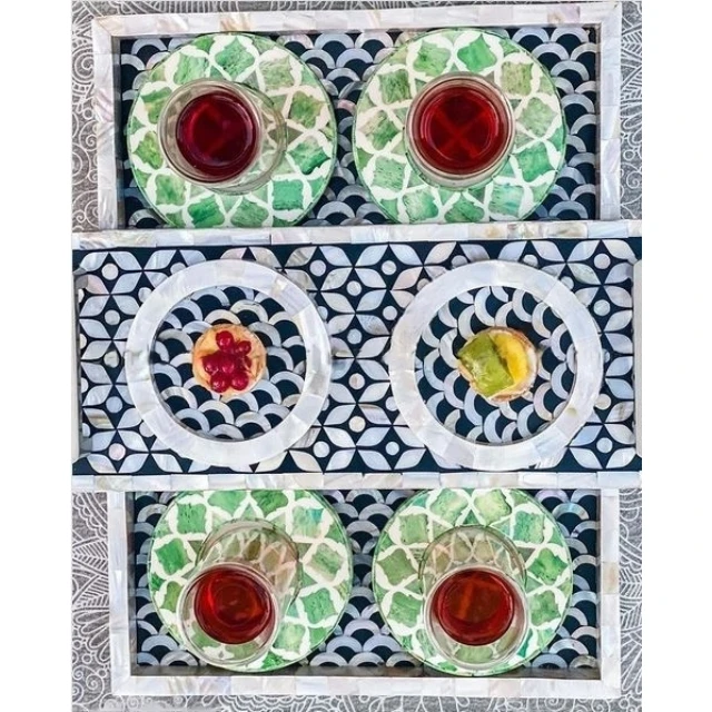 Customized Sticker Print Madkhan Wooden Round Bone Inlay Serving Tray New Bone Inlay Mother Of Pearl Tray Wooden Tray Set Of 3