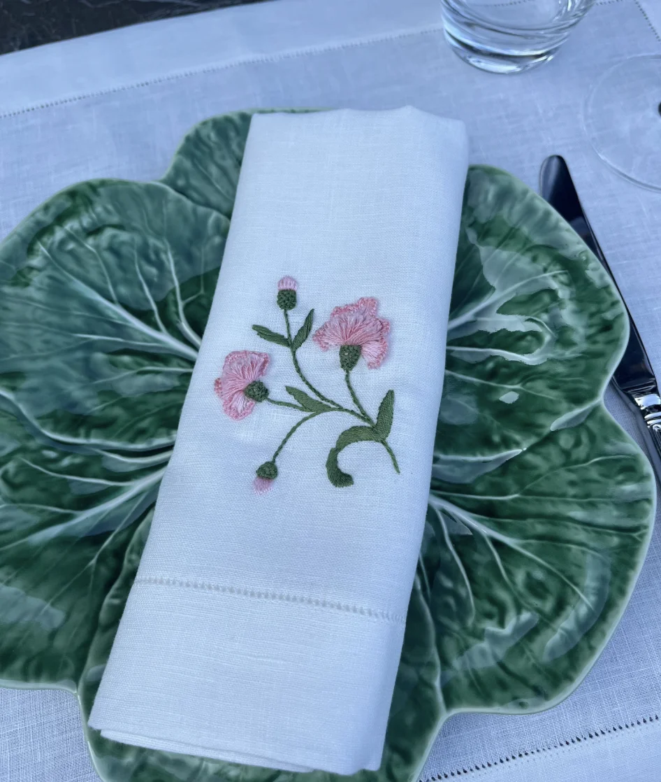 Set of 12 Hand Embroidered Botanical Flowers Napkins Pink Linen Cloth Dinnerware Premium Handcrafted Embroidery