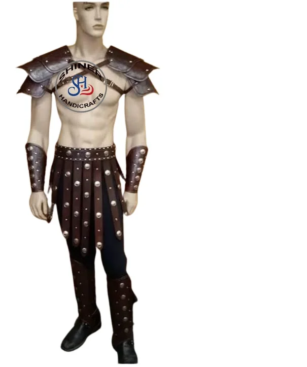 Medieval Armor Leather Roman Heavy Brass Leather Belt Greek Spartan Brown Leather Arm Guards & Leg Guard Men Halloween  Costume