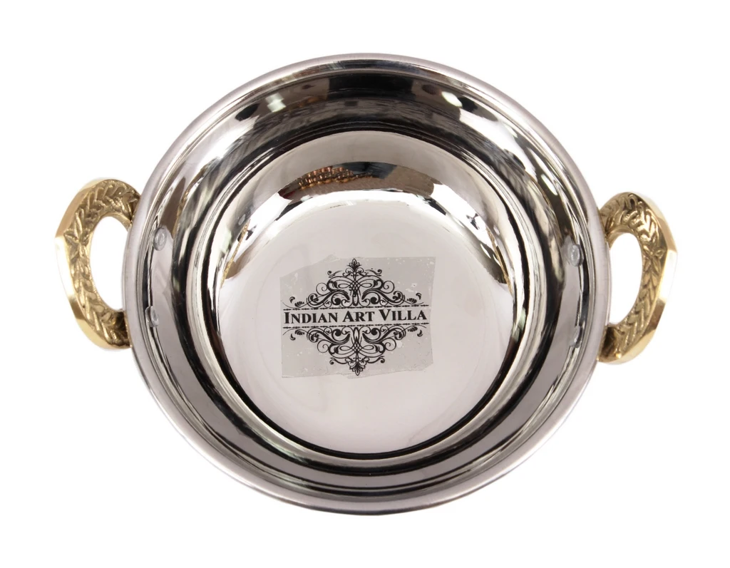 Indian Art Villa Stainless Steel Kadhai Wok With Decorative Brass Handle for Cooking and Serving, Home Hotel and Restaurant Use