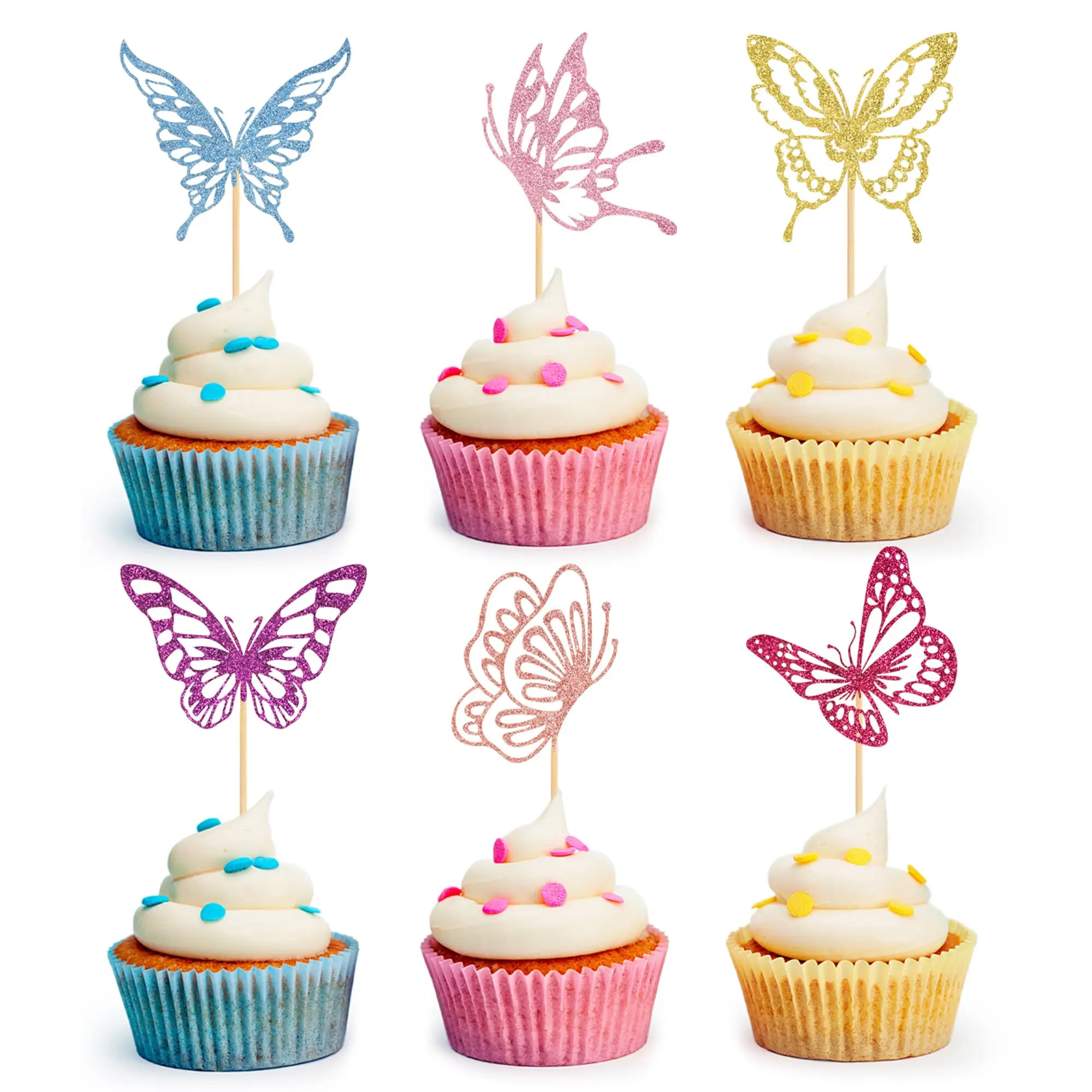 Multicolor Glitter Assembled Mixed Styles Hollow Butterfly Cupcake Picks Baby Shower Cake Decorations Birthday Party Supplies