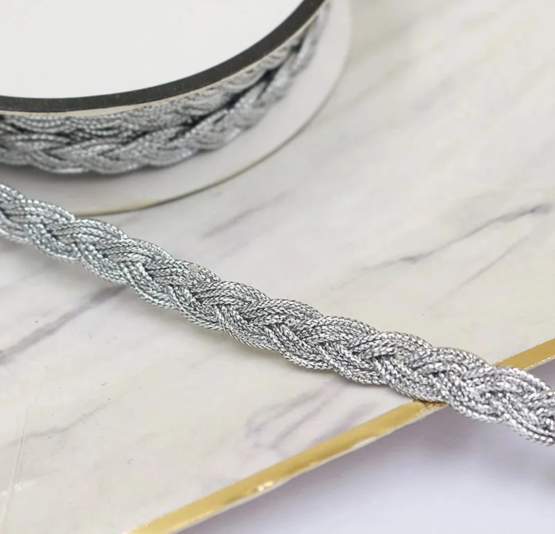 3yds Gold Silver Metallic Wrapped Polyester Ribbon Plaited Narrow Braid Sewing Trim 8mm Width Braided Tape Border