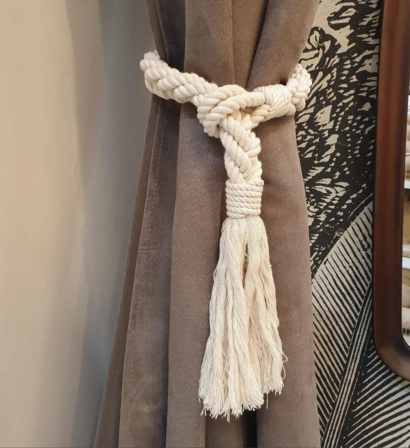 Curtain Tie Back - White Cotton Rope - Weaving from 4 ropes, Tassel Industrial holdbacks - Twisted Jute Rope