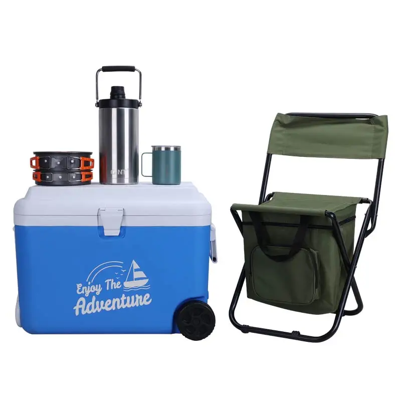 New portable cooler 5-piece set 1 camping Chairs1 Aluminum pot 1 gallon jug 4 coffee mug PP cooler ice box