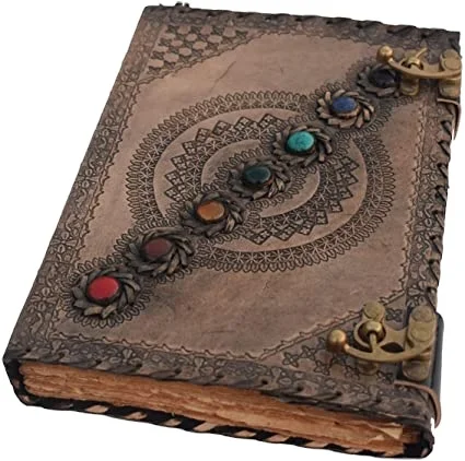 Leather Bound Journal Book of Shadows Vintage Journal Deckle Edge Paper Antique Spell Book Wiccan Seven Stone Chakra