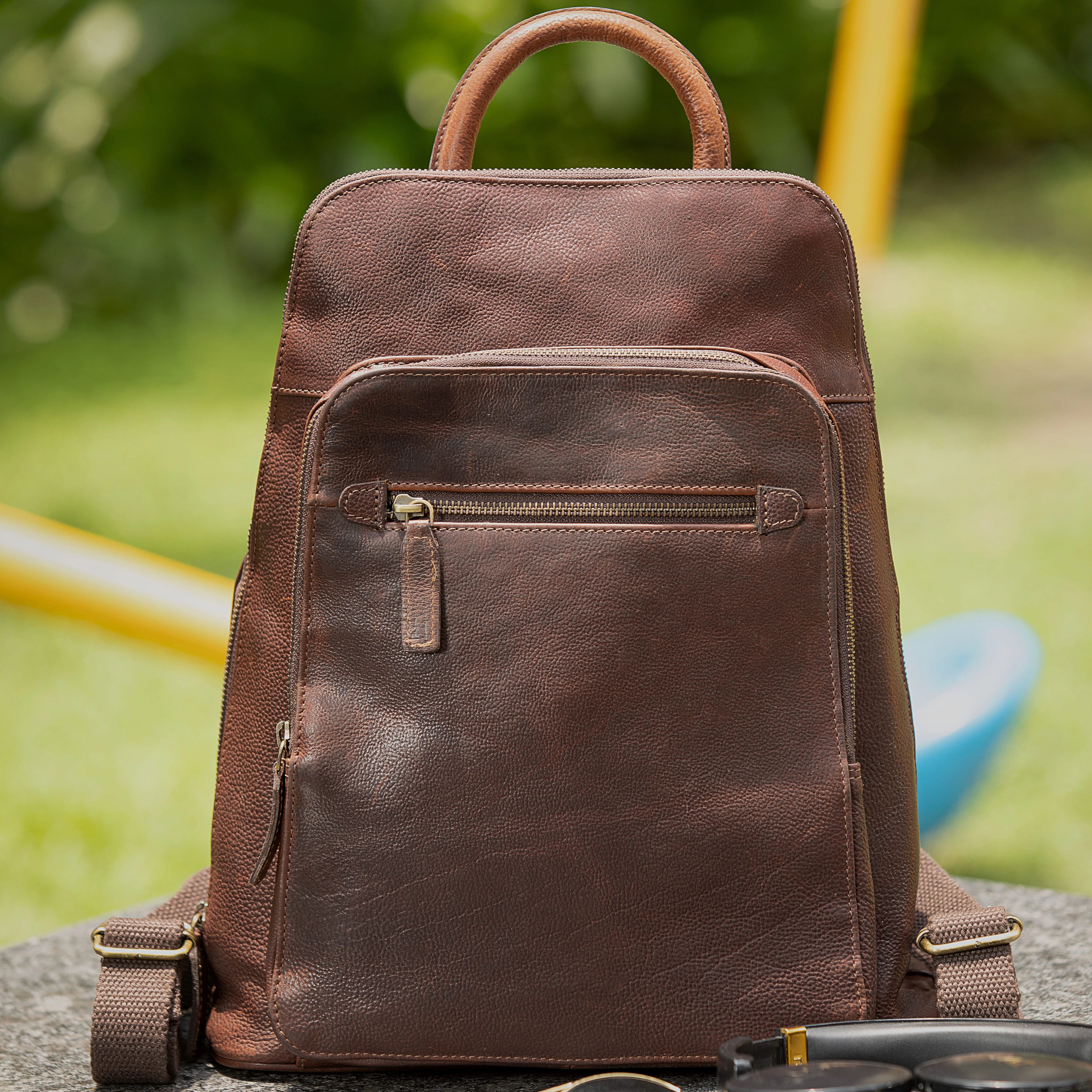 High Quality Kawa Oil Wax Buff Brandy Genuine Leather Brown Back Pack with 2 Compartments Zip Closure