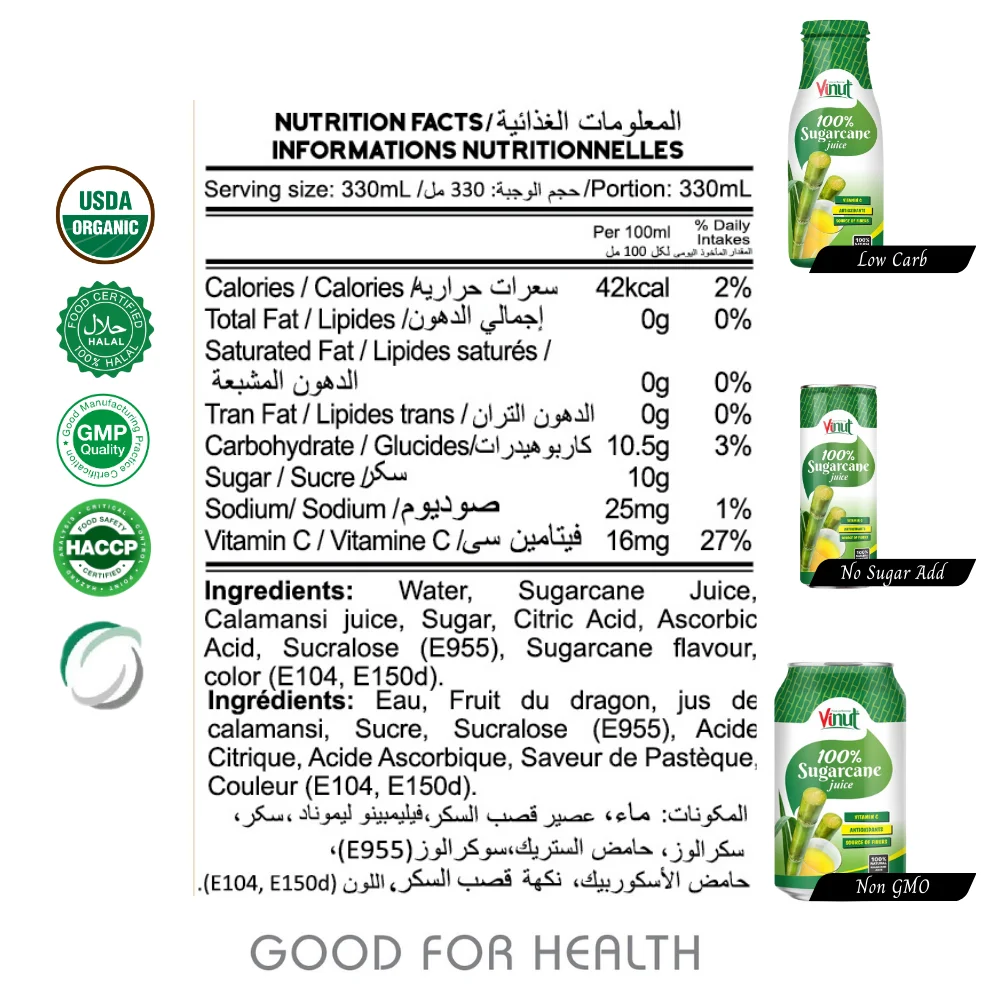 Manufacture Beverage Vietnam 100% Natural Sugarcane Fruit Juice 280ml Glass Drink - Free Sugar - Free Sample - Private Label