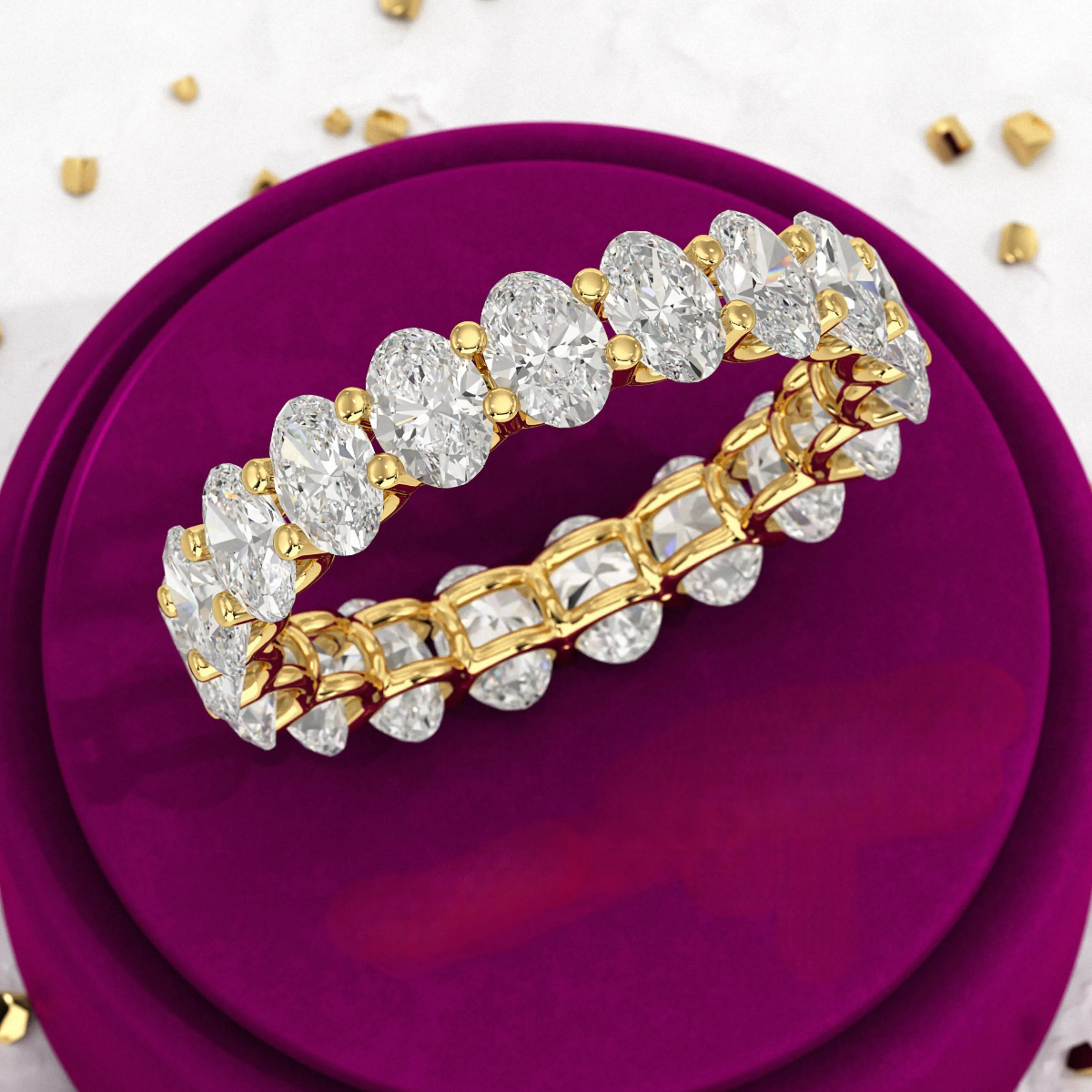 Elegant And Trending 5 Carat Oval Cut  Lab Grown Diamond Minimalist Eternity Wedding Band In Yellow Gold Jewelry Gift for Brides