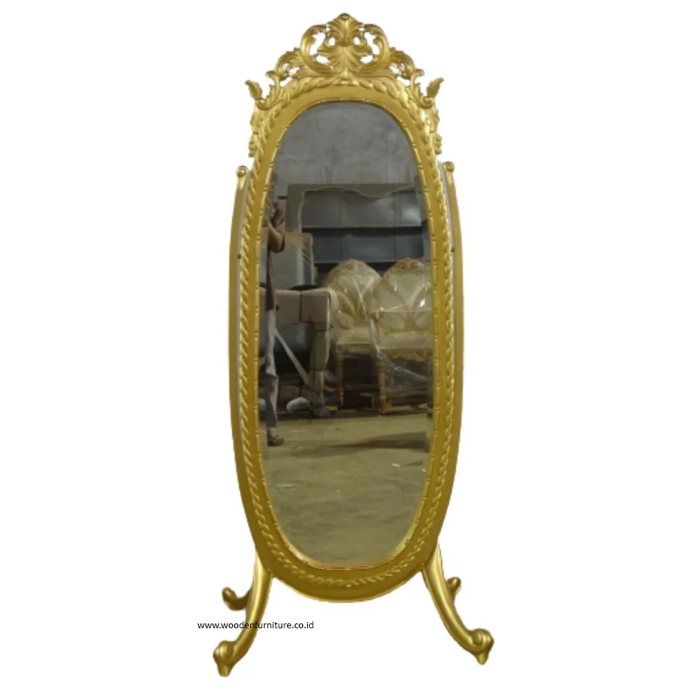 Gold Painted Standing Mirror Wooden Oval Floor Mirror Long Large Frame With Hand Carving Designed for European Style Furniture