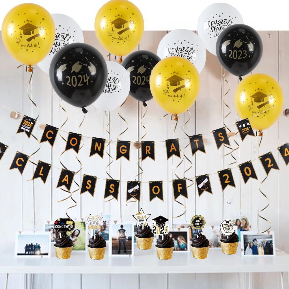 85pcs Cake toppers graduation props graduation decor balloons  2024 Graduation Party Decoration Set