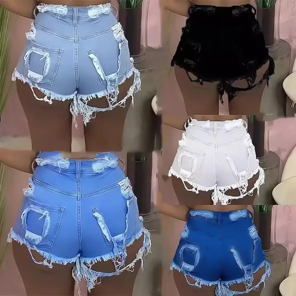 Summer Ripped Denim Shorts Black White Blue Skinny High Waisted Casual For Women Hole Jeans wide waist Short