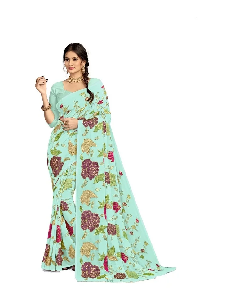 Indian Ethnic Georgette with Thread and Sequence Work Sari and Banglory Silk Plain Blouse Material for Party Wear Function Saree