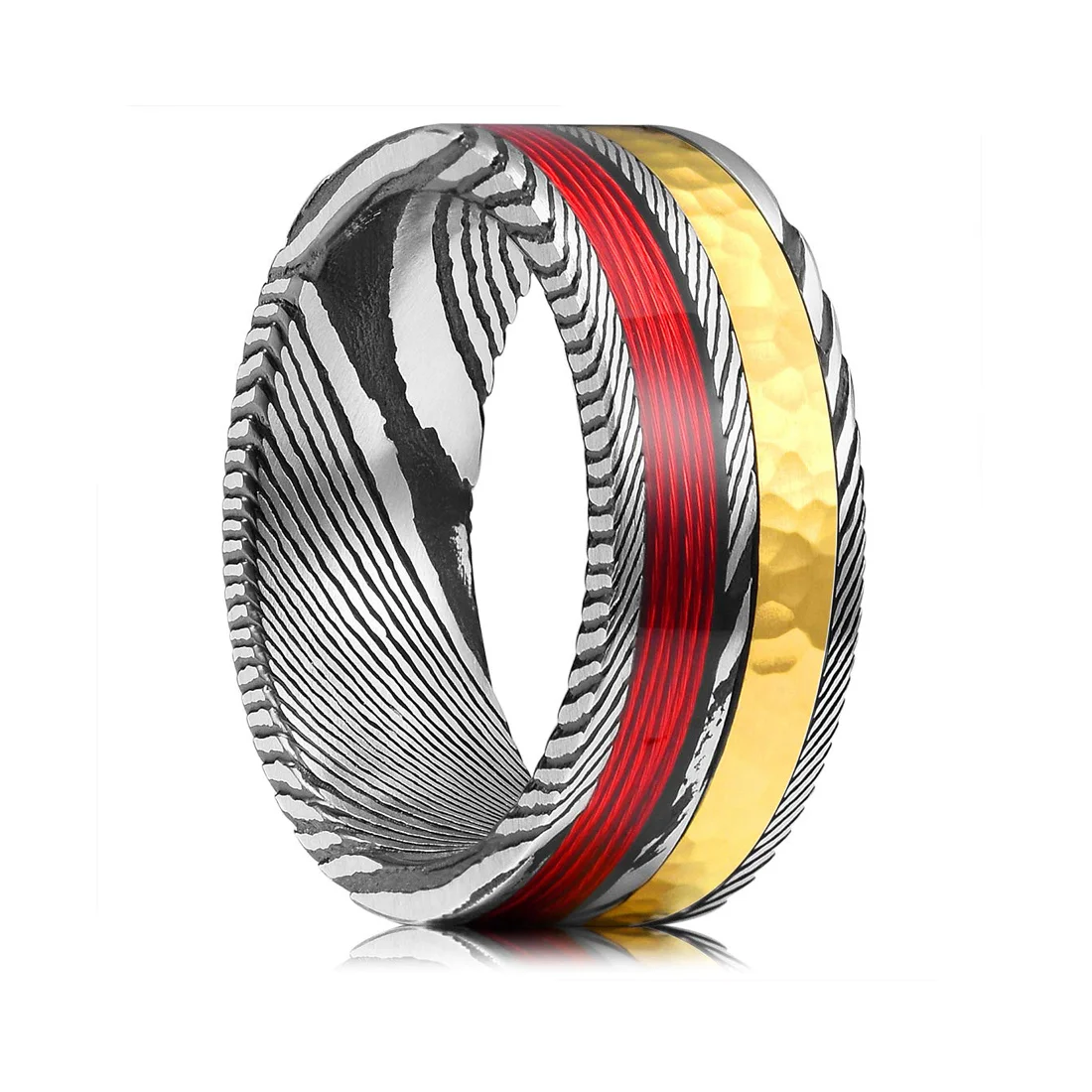 (8mm) Unisex or Mens Real Damascus Steel Ring Silver Tone Band Red Wire Inlay and Yellow Gold Wire inlay Top/Wedding Ring