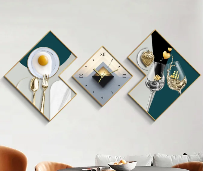 Luxury Frame Art Crystal Porcelain Abstract Painting with Clock Restaurant Wall Art Home Decor