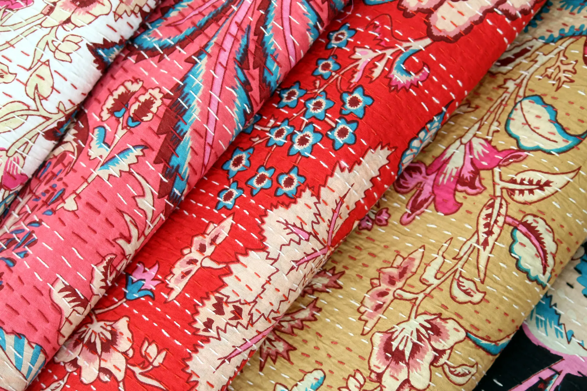 Kantha Quilt Indian Hand Printed Floral King Quilt Single Pure Cotton Bohemian Bed Cover