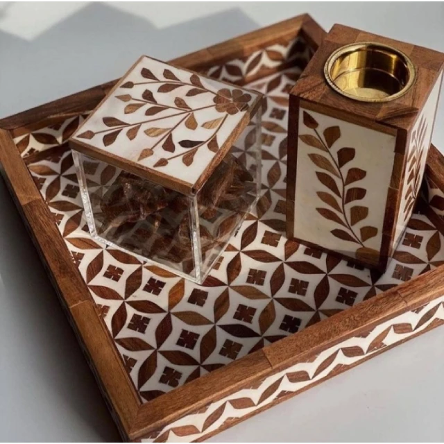 Customized Sticker Print Madkhan Wooden Round Bone Inlay Serving Tray New Bone Inlay Mother Of Pearl Tray Wooden Tray Set Of 3