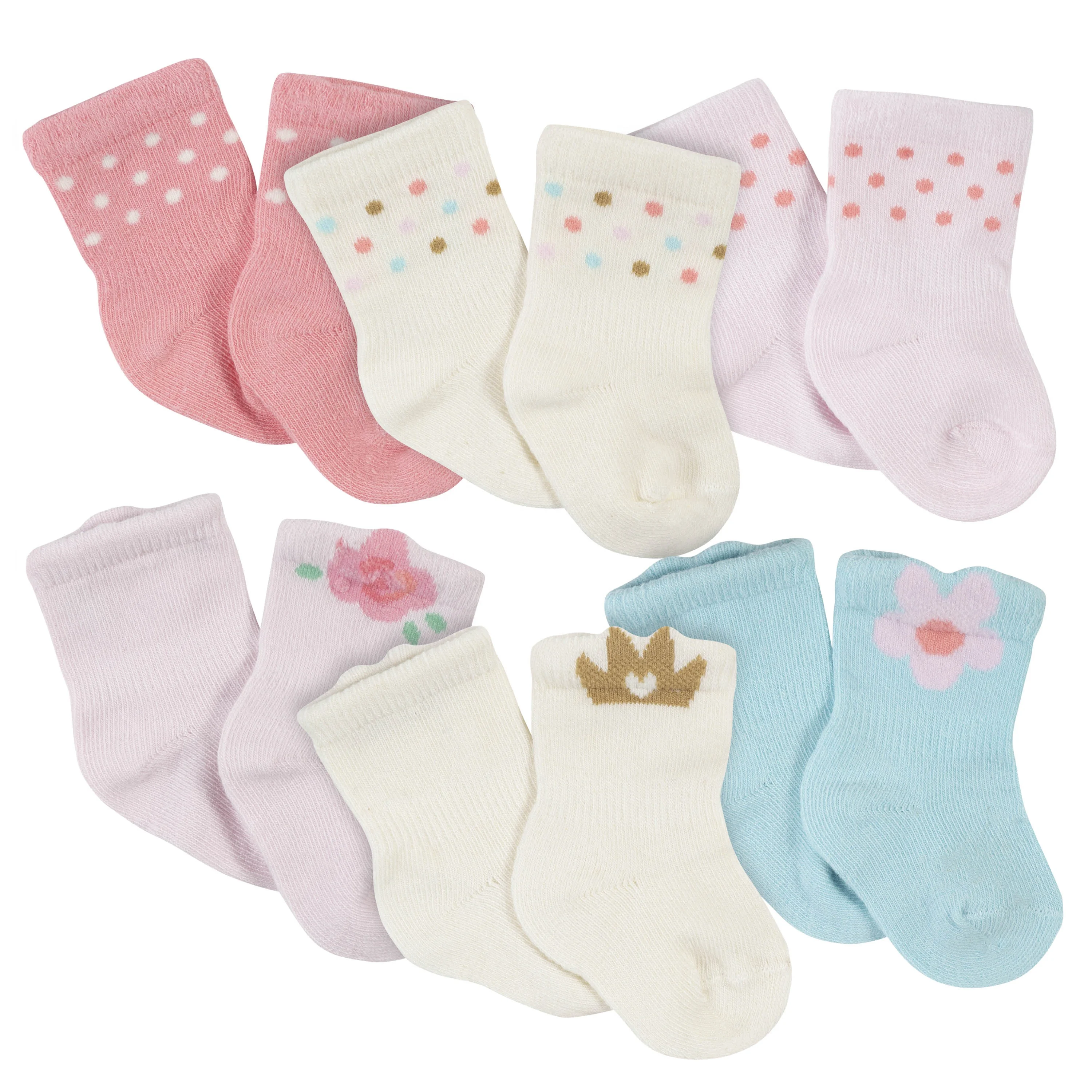 Gerber Unisex 6-Pack Wiggle Proof Jersey Crew Socks Newborn Size 0-3 Months Cute Princess Design for Baby Girls
