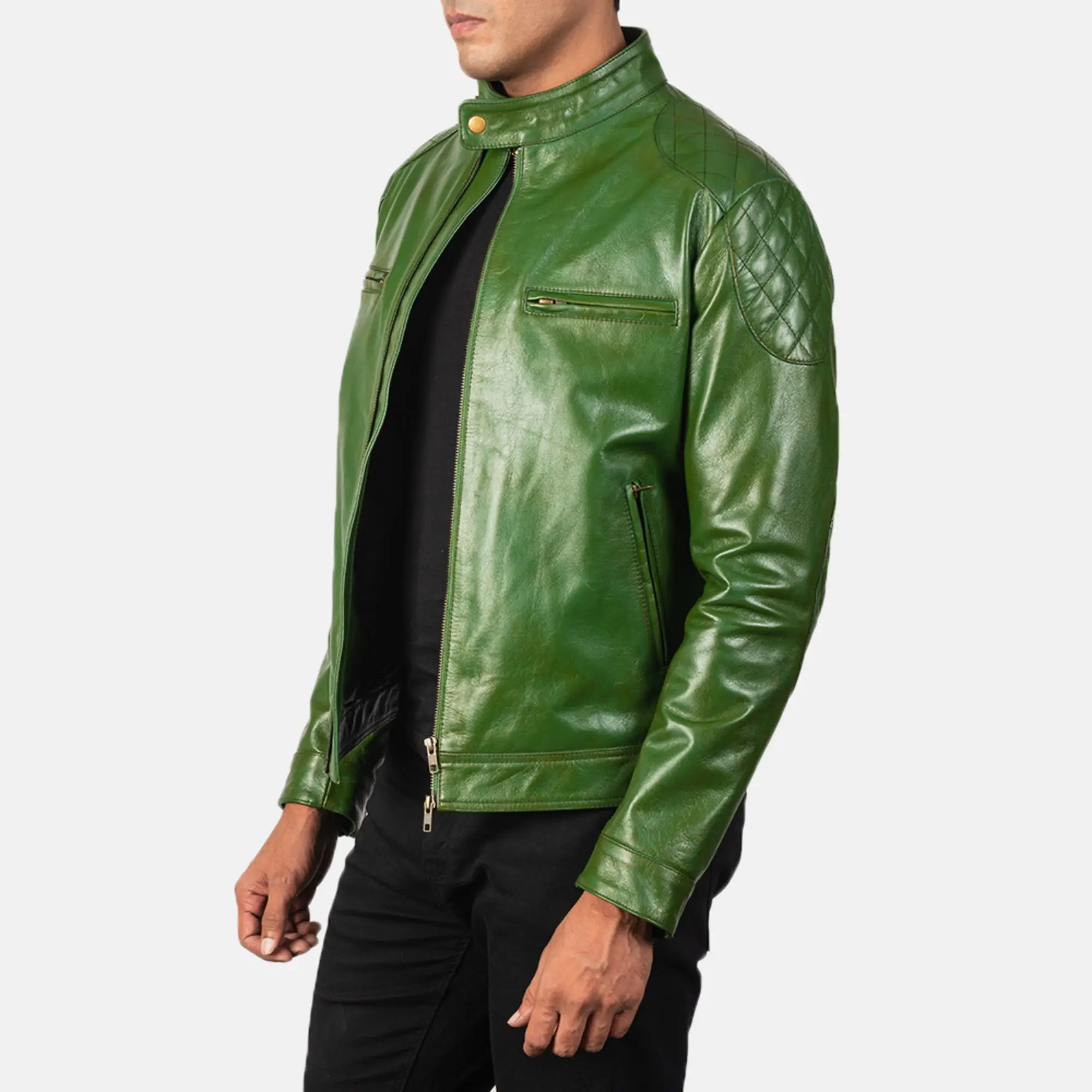 Real Leather Sheepskin Aniline Zipper Gatsby Green Biker Jacket with Quilted Viscose Lining and Inside Outside Pockets