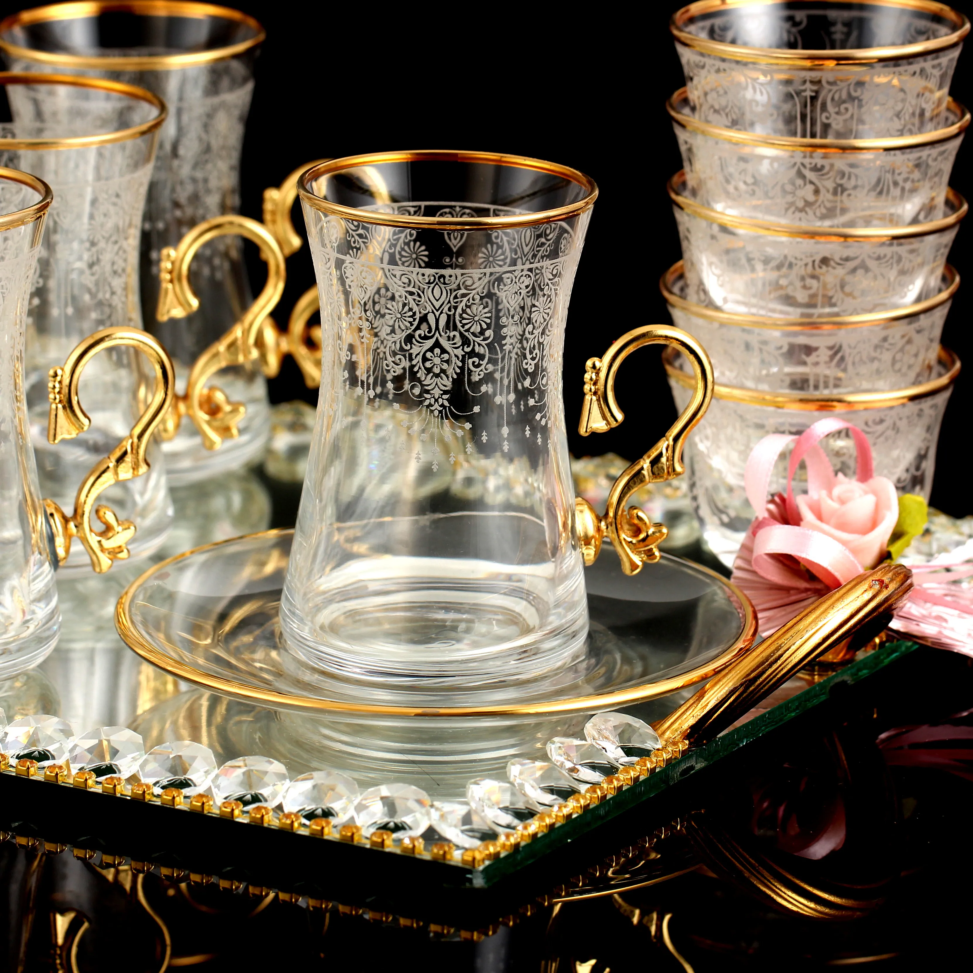 18 Pcs Turkish Tea and Arabic Coffee Set Screen Printed 24 ct. Gold rim April Design