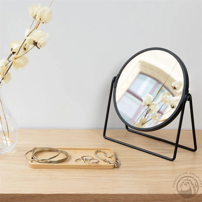 Vanity Mirror with Tray - Double-Sided Table Top Makeup Mirror with Magnification and Bamboo Base - for Bathroom, Bedroom, Desk