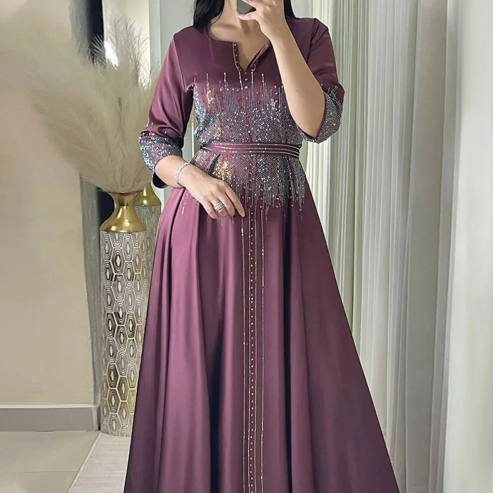 2442 Kuwii Middle Eastern Muslim Satindress Hot Diamond Dinner Robe Gulf Abaya Luxury Dubai Abaya 2024