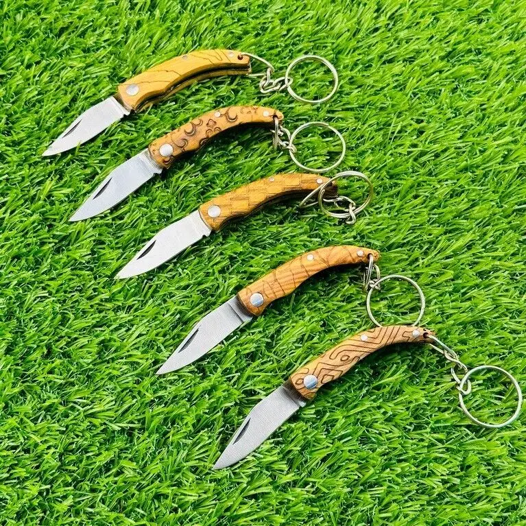Custom Hand Made Stainless Steel Keychain Folding knives Wood Handle 5Pieces Set Keychain Set
