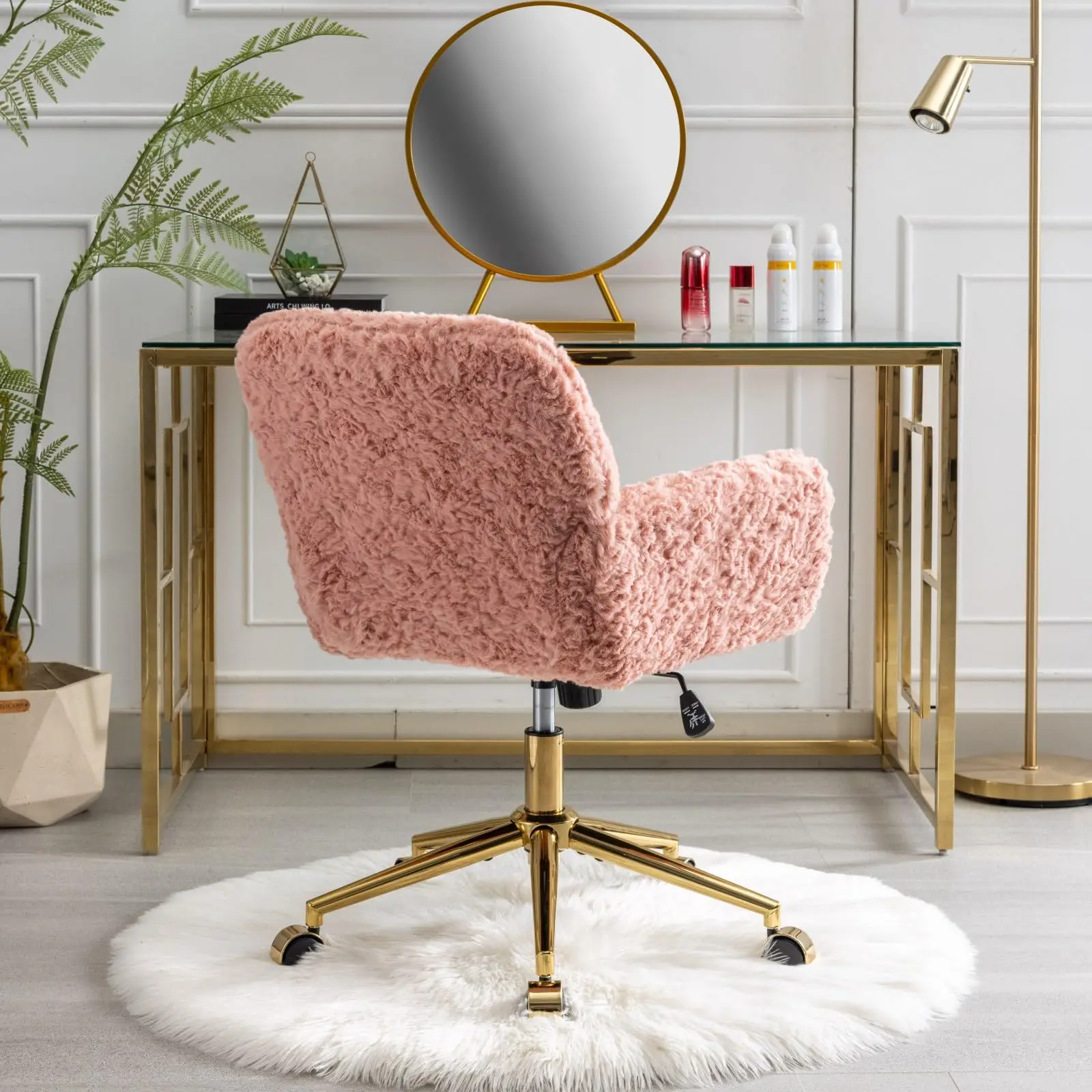 Pink Dressing Table Faux Fur Pink and Gold Fluffy Modern Luxury Leather Executive Ergonomic Office Chair