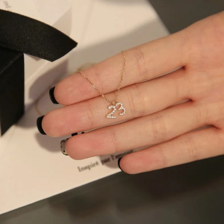 Personality simple 925 sterling silver plated 18K gold diamond number 23 pendant necklace clavicle chain