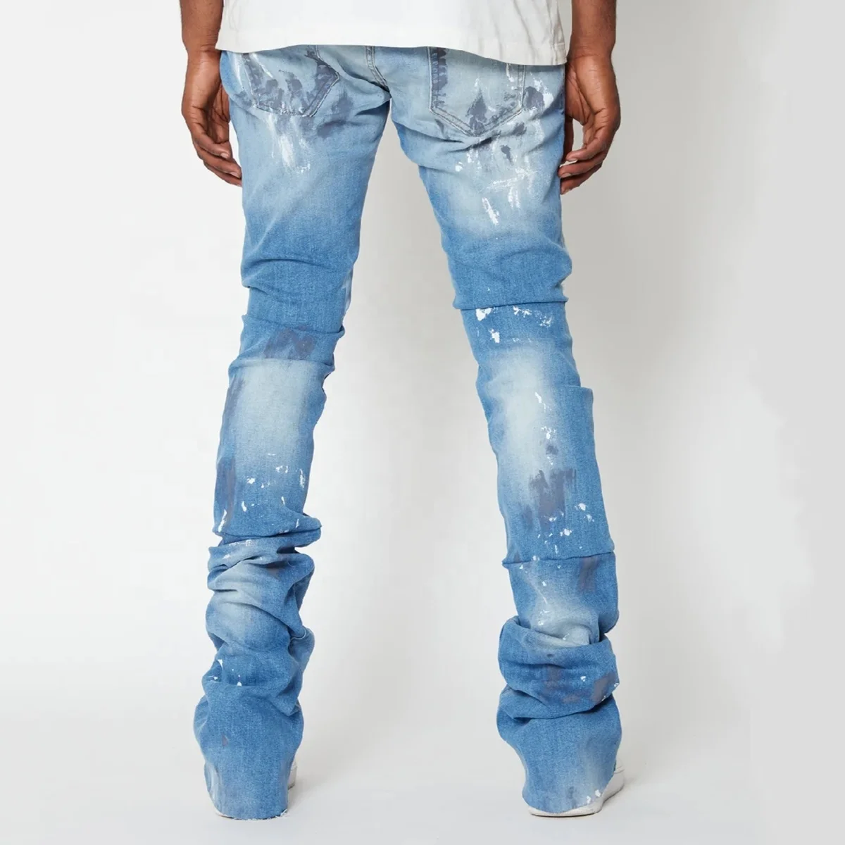 OEM/ODM custom stacked jeans men hole ripped jeans men print stacked jeans men distressed denim pants