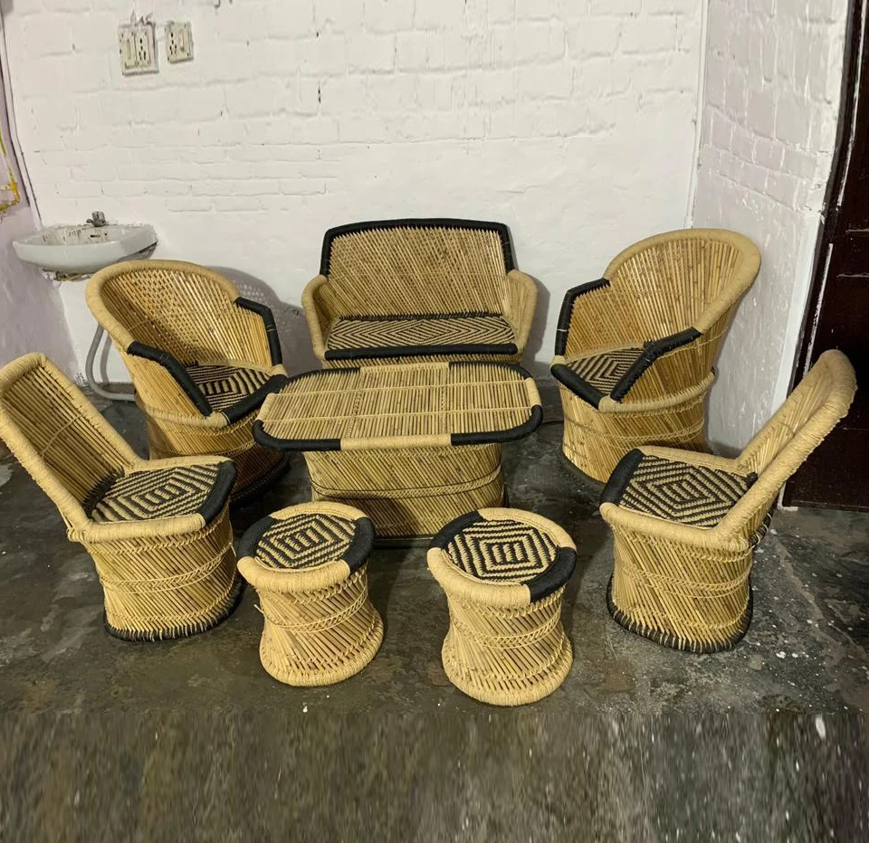 Hot Sale Bamboo handmade Furniture Set of 8 Including Xl size Chairs Table  Stools for living rooms, Hotels Resorts Use