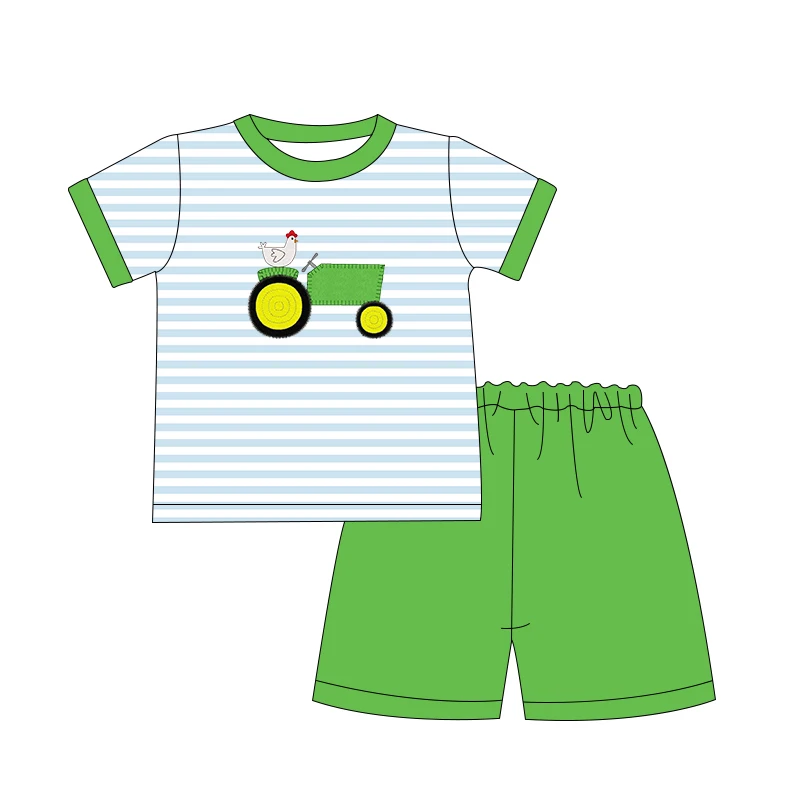 Custom new design tractor farm set boy and girl applique stripe print set boutique embroidery baby sleeveless romper