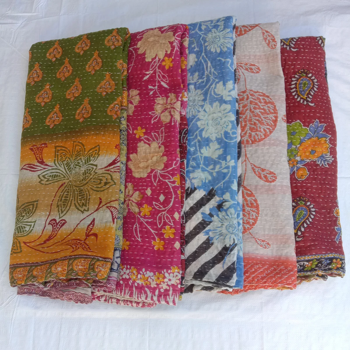 Cotton Kantha Quilt Printed Indian Handmade Vintage Kantha Quilt Hand Stitching Indian Reversible Kantha Quilts