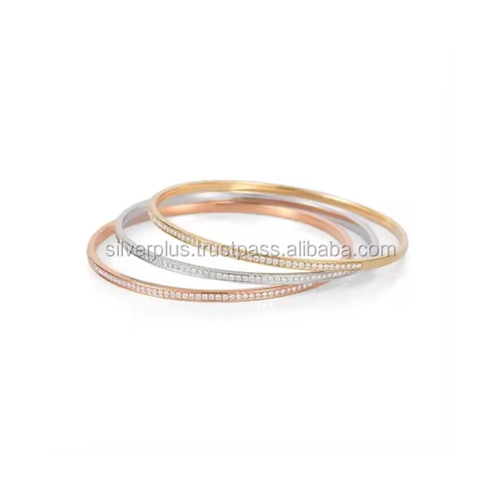 New Collection 18k Solid Gold Pave Diamond Sleek Bangle Fine Jewelry