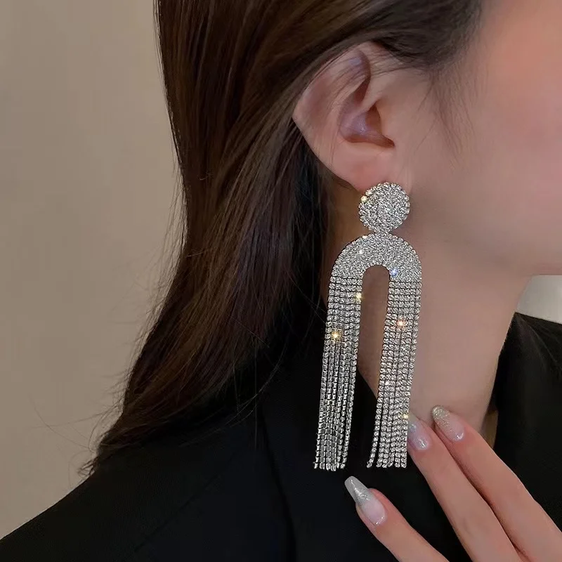 925 silver needle European and American exaggerated party geometric U-shaped ear rings jellyfish diamond tassel long earrings