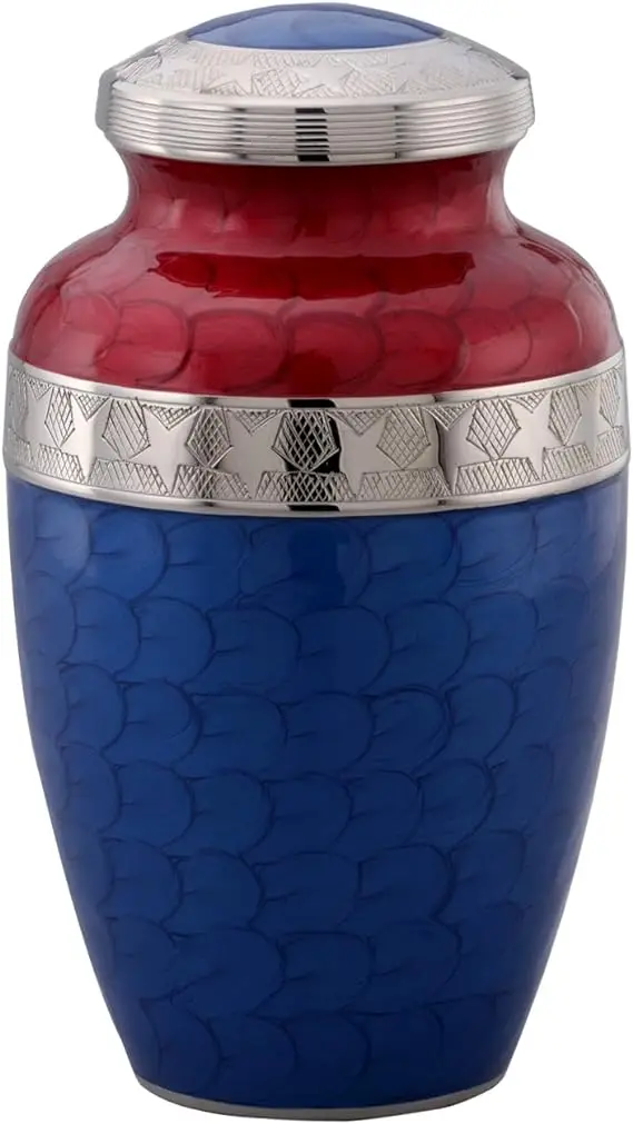 American Honor and Glory Cremation Urn Large Metal Red and Blue Star Veteran Urn Adult Handcrafted Affordable American Flag Urn