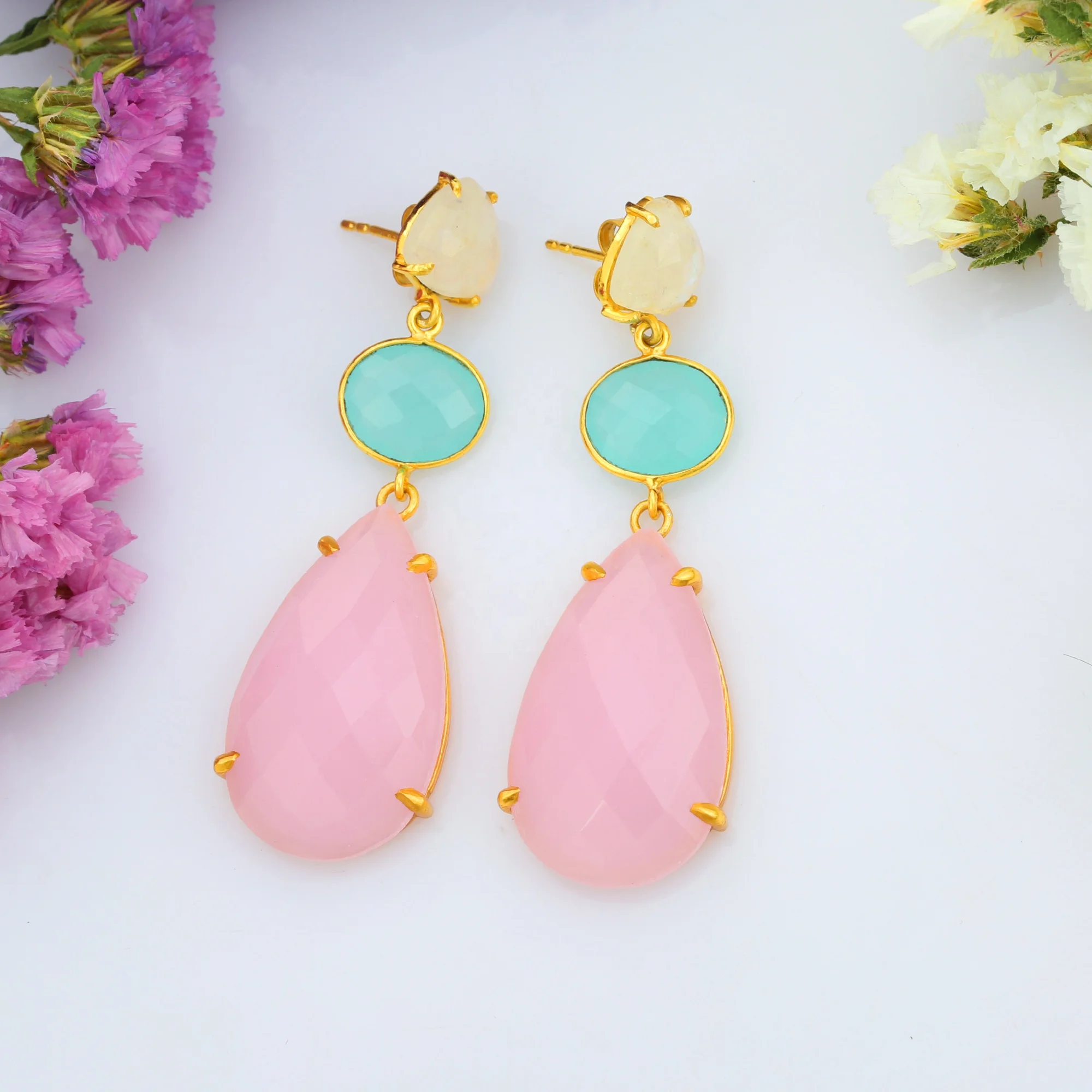 Hot Natural White Rainbow and Aqua Chalcedony and Cute Pink Rose Multi Stone And Multi Size Earring