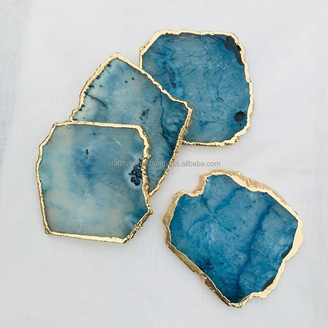 Amazon Bestseller Hot Selling Natural Blue Black Agate Crystal Slice Holder Coaster Gold Trim Drinks Cup Holder Gift Set