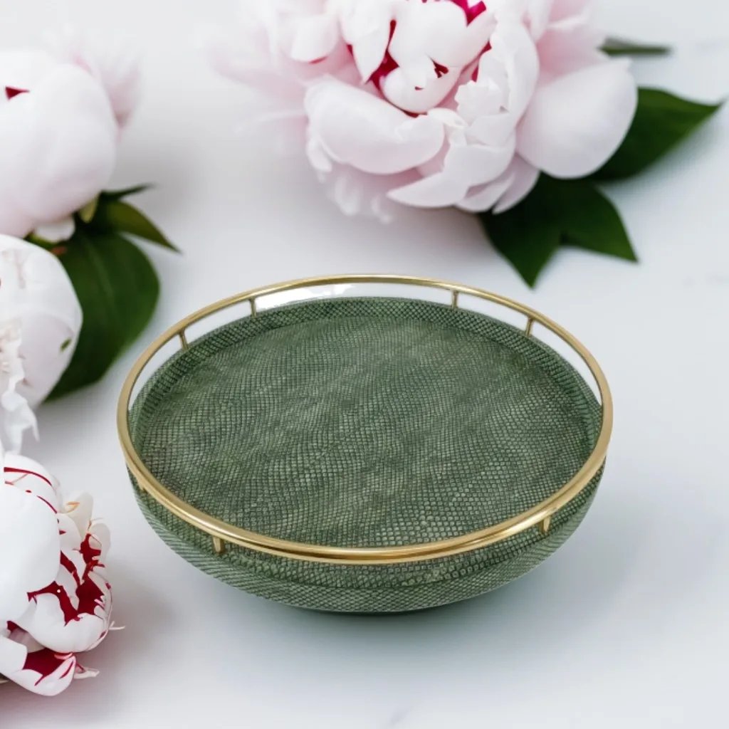 Высококачественный круглый поднос для хранения shagreen питона с мхом зеленая латунная кольцевая ручка