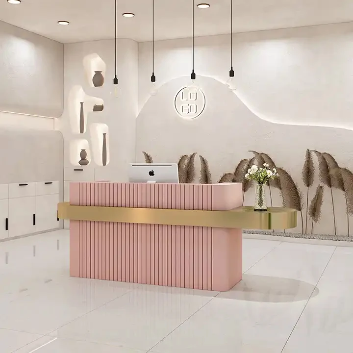 Exquisite Modern L Shaped Slim Profile Small Round White Gold Reception Counter Design for Sophisticated Spaces