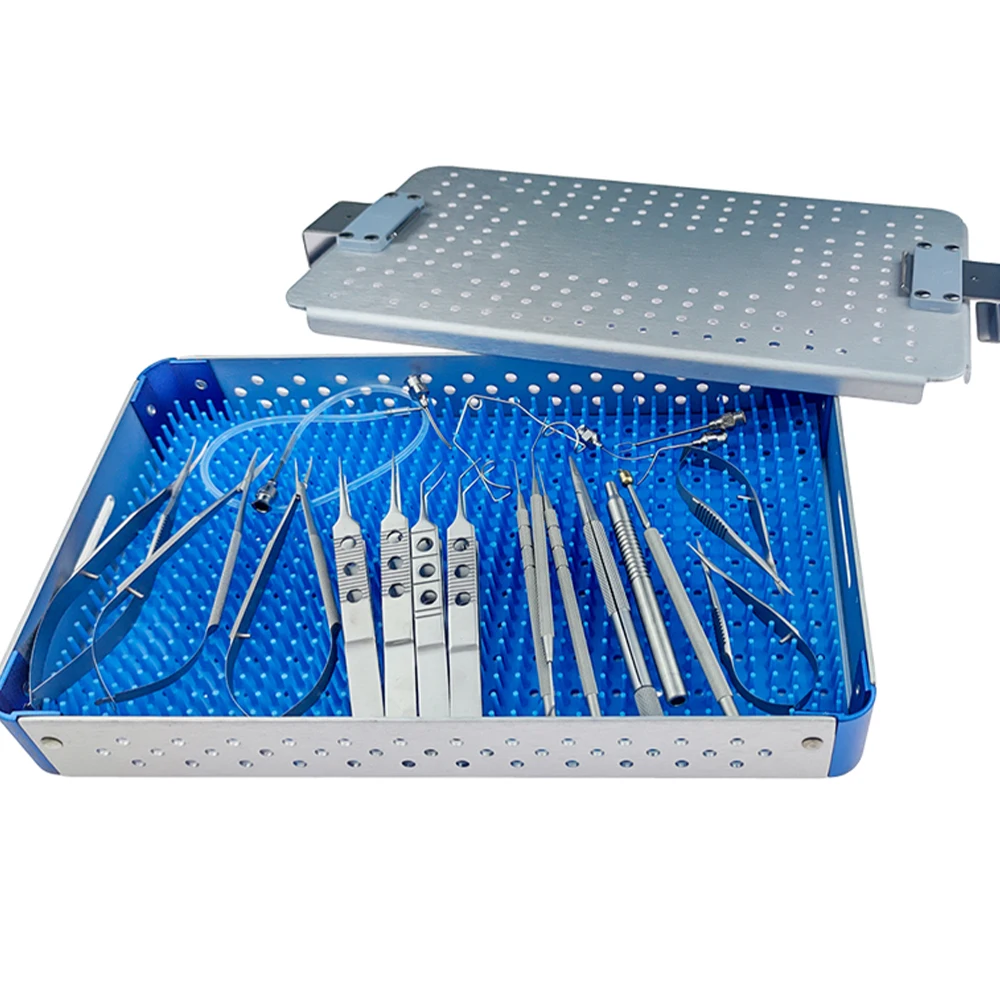 21PCS OPHTHALMIC CATARACT SET EYE MICRO SURGERY WITH STERILIZATION TRAY BOX CASE CE ISO APPROVED